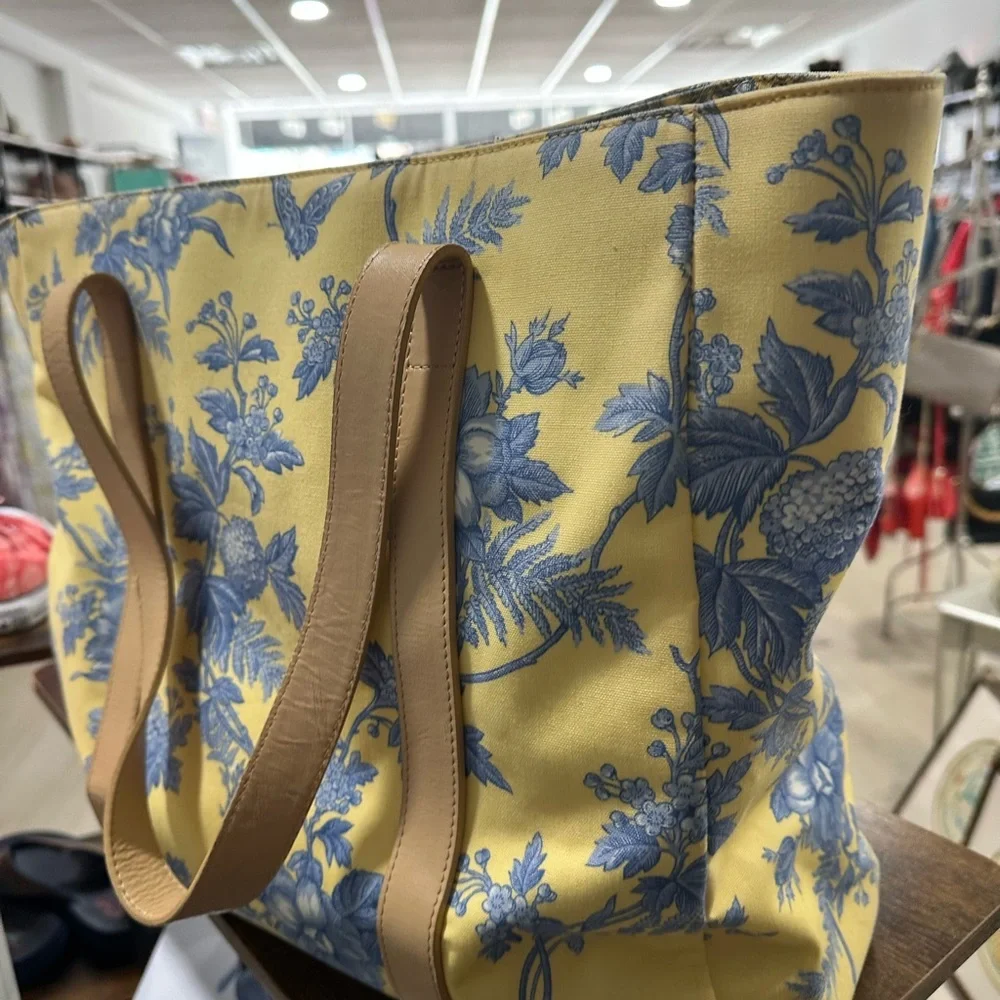 Talbots Yellow Floral Tote with Blue Print and Tan Straps